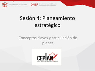 Sesión 4: Planeamiento
estratégico
Conceptos claves y articulación de
planes
 