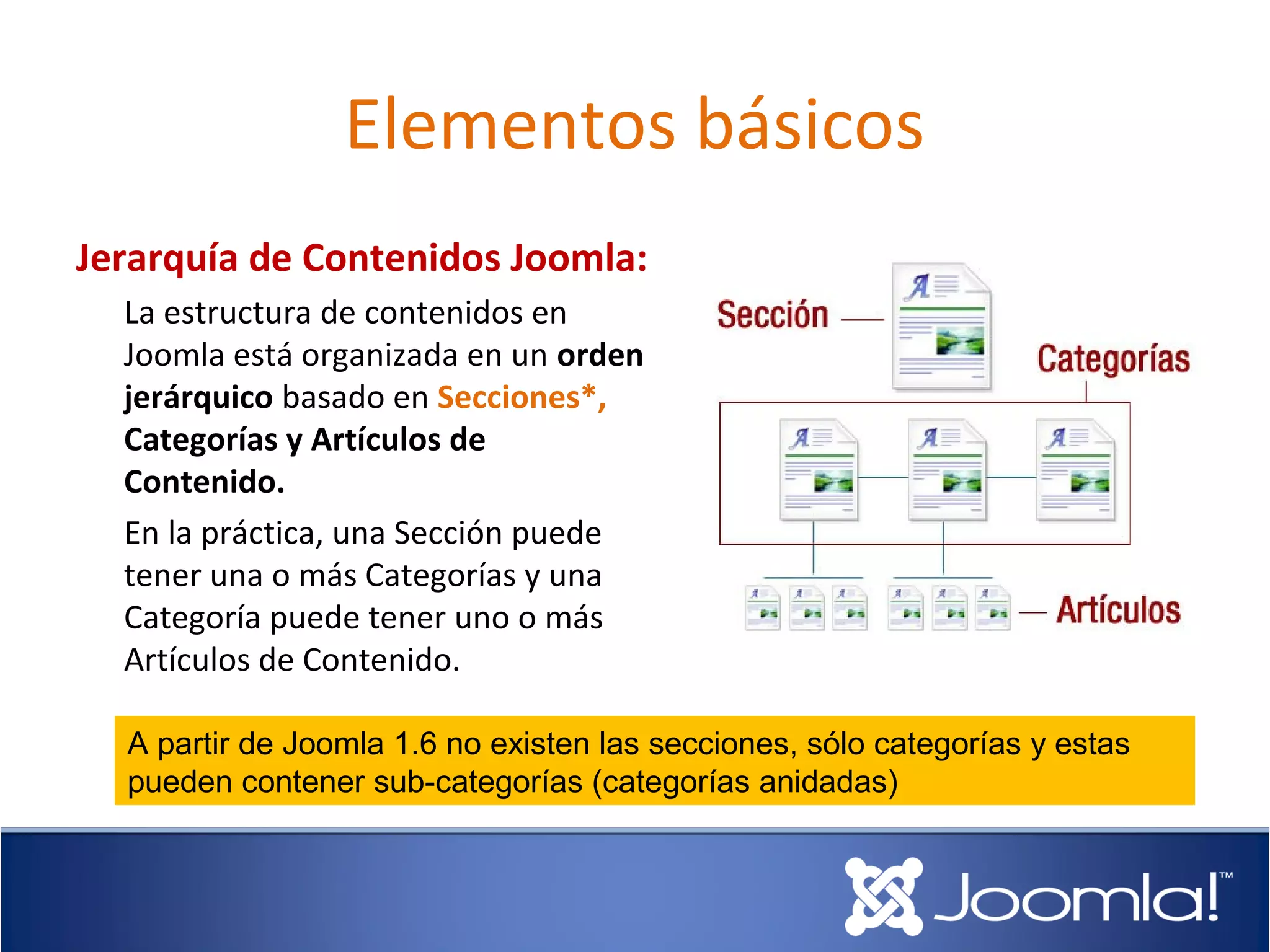 Elementos básicos
Jerarquía de Contenidos Joomla:
  La estructura de contenidos en
  Joomla está organizada en un orden
  jerárquico basado en Secciones*,
  Categorías y Artículos de
  Contenido.
  En la práctica, una Sección puede
  tener una o más Categorías y una
  Categoría puede tener uno o más
  Artículos de Contenido.

  A partir de Joomla 1.6 no existen las secciones, sólo categorías y estas
  pueden contener sub-categorías (categorías anidadas)
 