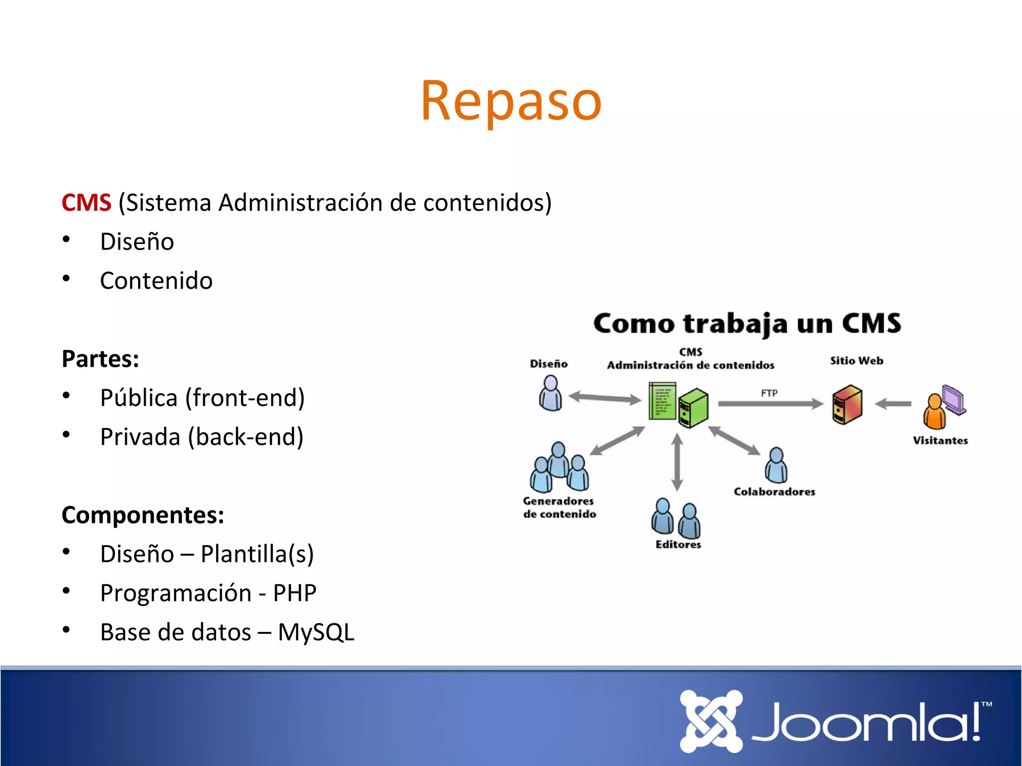 Repaso
CMS (Sistema Administración de contenidos)
• Diseño
• Contenido

Partes:
• Pública (front-end)
• Privada (back-end)

Componentes:
• Diseño – Plantilla(s)
• Programación - PHP
• Base de datos – MySQL
 