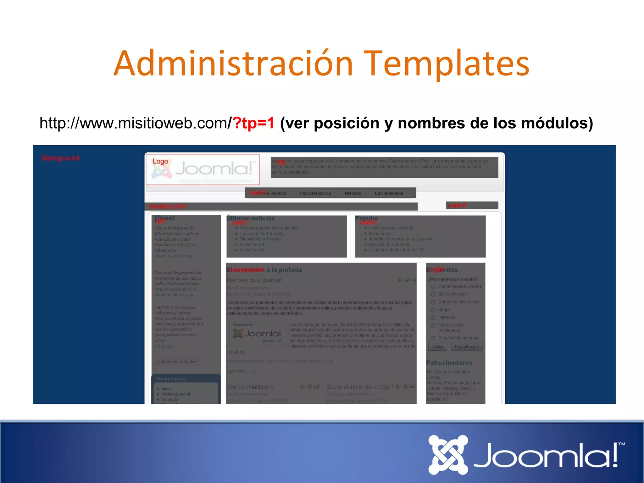 Administración Templates
http://www.misitioweb.com/?tp=1 (ver posición y nombres de los módulos)
 