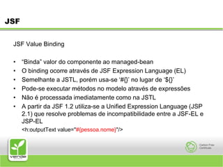 JSFJSF Value Binding “Binda” valor do componente ao managed-bean O binding ocorre através de JSF Expression Language (EL) Semelhante a JSTL, porém usa-se ‘#{}’ no lugar de ‘${}’ Pode-se executar métodos no modelo através de expressões Não é processada imediatamente como na JSTL A partir da JSF 1.2 utiliza-se a Unified Expression Language (JSP  2.1) que resolve problemas de incompatibilidade entre a JSF-EL e JSP-EL 	<h:outputText value="#{pessoa.nome}"/>