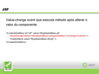 JSFValue-change event que executa método após alterar ovalor do componente <h:selectOneMenu id=“UF” value=“#{cadastroBean.uf}” valueChangeListener=“#{cadastroBean.carregaCidades}” onchange=“submit();”> 	<f:selectItems value=“#{cadastroBean.ufList}” /> </h:selectOneMenu> 