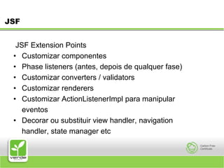 JSFJSF Extension Points Customizar componentes Phase listeners (antes, depois de qualquer fase) Customizar converters / validators Customizar renderers Customizar ActionListenerImpl para manipular 	eventos Decorar ou substituir view handler, navigation 	handler, state manager etc 