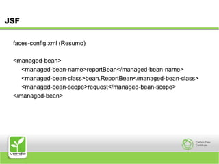 JSFfaces-config.xml (Resumo)<managed-bean> 	<managed-bean-name>reportBean</managed-bean-name> 	<managed-bean-class>bean.ReportBean</managed-bean-class> 	<managed-bean-scope>request</managed-bean-scope> </managed-bean> 