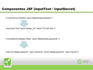 Componentes JSF (inputText / inputSecret)<h:inputText id="address” value="#{jsfexample.address}" /><input type="text" name="jsftags:_id1” value="123 JSF Ave" /><h:inputSecret redisplay="false“  value="#{jsfexample.password}" /> <input id="jsftags:password“   type="password“  name="jsftags:password“  value="secret" />