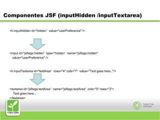 Componentes JSF (inputHidden /inputTextarea)<h:inputHidden id="hidden“  value="userPreference" /> <input id="jsftags:hidden”  type="hidden“  name="jsftags:hidden"   value="userPreference" /><h:inputTextarea id="textArea“  rows="4" cols="7“  value="Text goes here.."/><textarea id="jsftags:textArea“  name="jsftags:textArea“  cols="5" rows="3">    Text goes here..</textarea>
