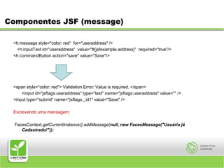 Componentes JSF (message)<h:message style="color: red“  for="useraddress" />   <h:inputText id="useraddress“  value="#{jsfexample.address}“  required="true"/><h:commandButton action="save" value="Save"/><span style="color: red"> Validation Error: Value is required. </span> 	<input id="jsftags:useraddress" type="text" name="jsftags:useraddress" value="" /> <input type="submit" name="jsftags:_id1" value="Save" /> Escrevendo uma mensagem: FacesContext.getCurrentInstance().addMessage(null, new FacesMessage("Usuário já Cadastrado!"));