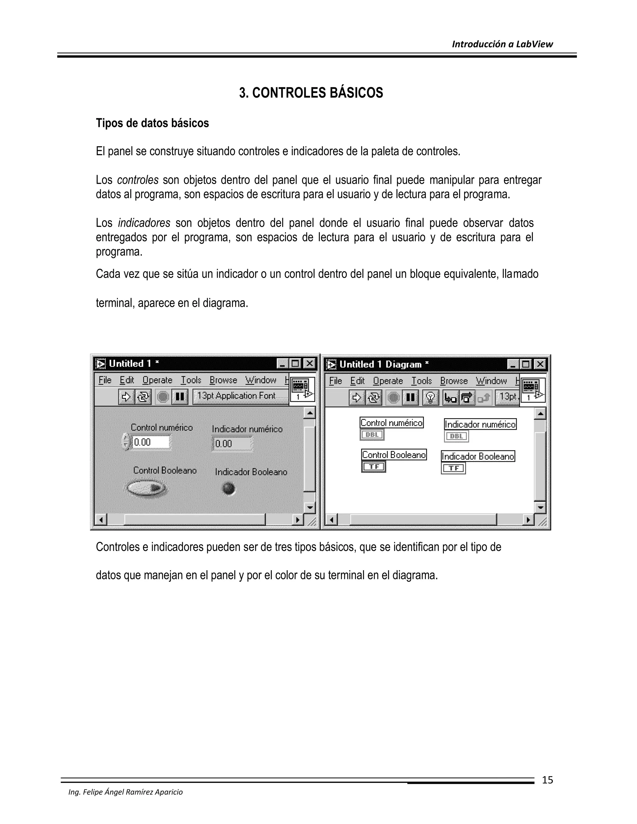 Introducción a LabView

3. CONTROLES BÁSICOS
Tipos de datos básicos
El panel se construye situando controles e indicadores de la paleta de controles.
Los controles son objetos dentro del panel que el usuario final puede manipular para entregar
datos al programa, son espacios de escritura para el usuario y de lectura para el programa.
Los indicadores son objetos dentro del panel donde el usuario final puede observar datos
entregados por el programa, son espacios de lectura para el usuario y de escritura para el
programa.
Cada vez que se sitúa un indicador o un control dentro del panel un bloque equivalente, llamado
terminal, aparece en el diagrama.

Controles e indicadores pueden ser de tres tipos básicos, que se identifican por el tipo de
datos que manejan en el panel y por el color de su terminal en el diagrama.

15
Ing. Felipe Ángel Ramírez Aparicio

 