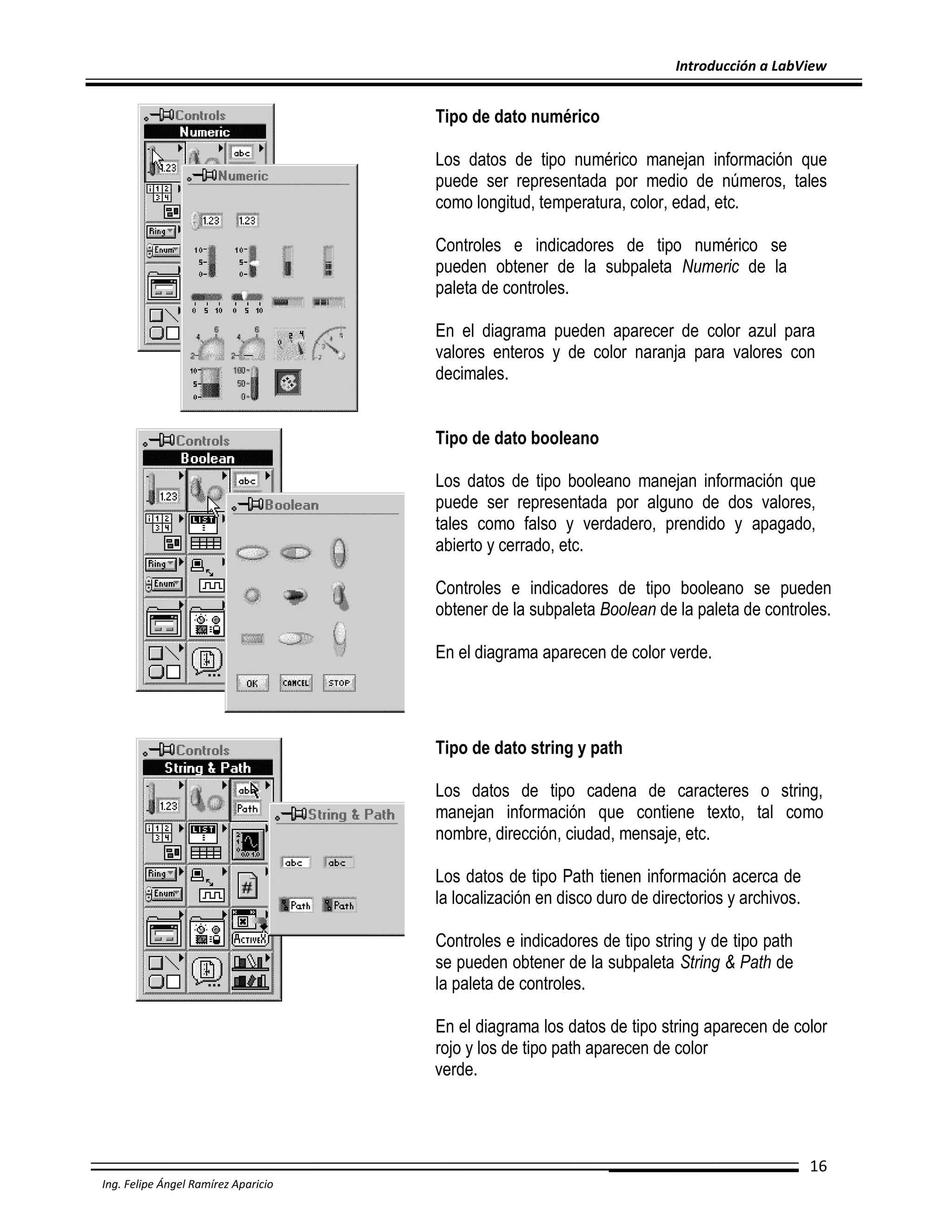 Introducción a LabView

Tipo de dato numérico
Los datos de tipo numérico manejan información que
puede ser representada por medio de números, tales
como longitud, temperatura, color, edad, etc.
Controles e indicadores de tipo numérico se
pueden obtener de la subpaleta Numeric de la
paleta de controles.
En el diagrama pueden aparecer de color azul para
valores enteros y de color naranja para valores con
decimales.
Tipo de dato booleano
Los datos de tipo booleano manejan información que
puede ser representada por alguno de dos valores,
tales como falso y verdadero, prendido y apagado,
abierto y cerrado, etc.
Controles e indicadores de tipo booleano se pueden
obtener de la subpaleta Boolean de la paleta de controles.
En el diagrama aparecen de color verde.

Tipo de dato string y path
Los datos de tipo cadena de caracteres o string,
manejan información que contiene texto, tal como
nombre, dirección, ciudad, mensaje, etc.
Los datos de tipo Path tienen información acerca de
la localización en disco duro de directorios y archivos.
Controles e indicadores de tipo string y de tipo path
se pueden obtener de la subpaleta String & Path de
la paleta de controles.
En el diagrama los datos de tipo string aparecen de color
rojo y los de tipo path aparecen de color
verde.

16
Ing. Felipe Ángel Ramírez Aparicio

 