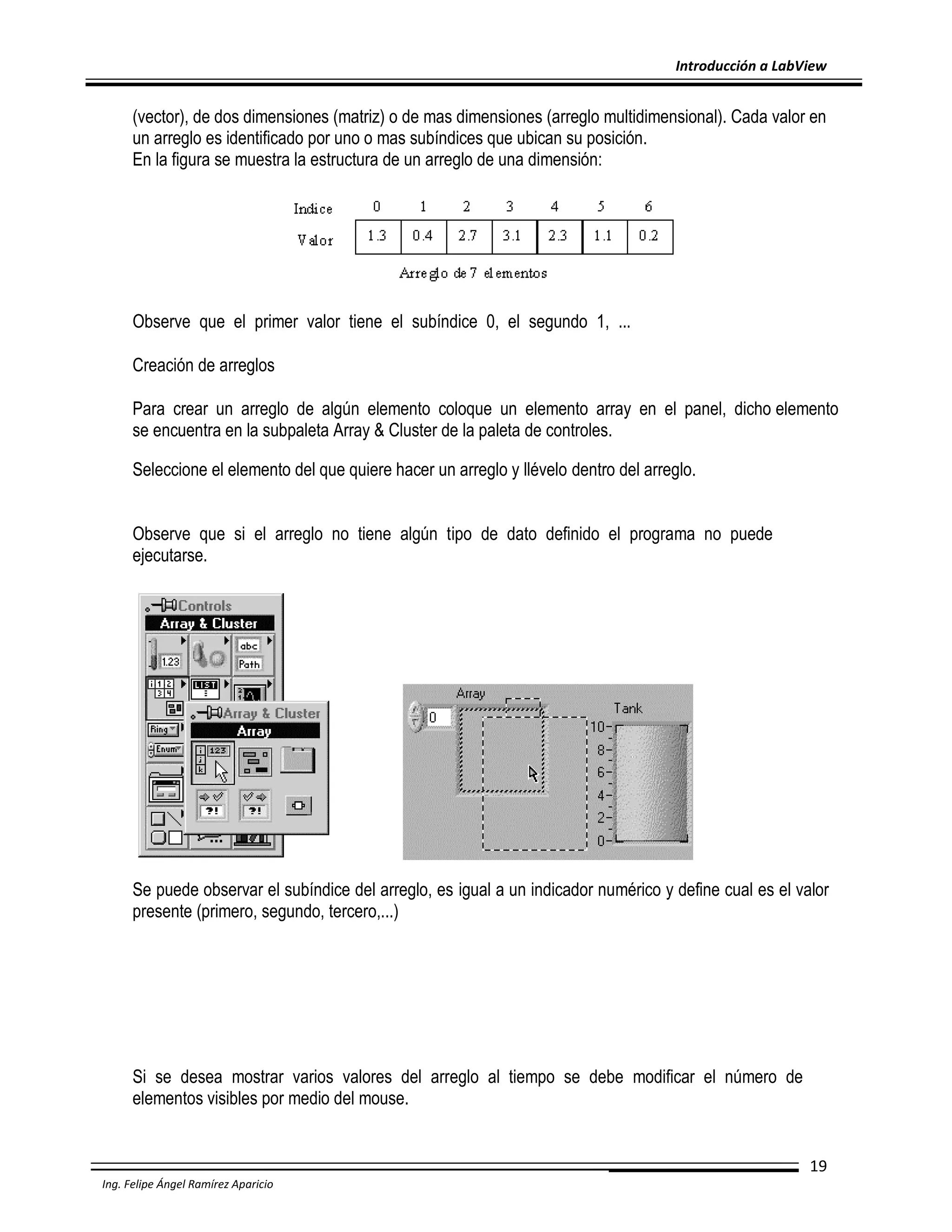 Introducción a LabView

(vector), de dos dimensiones (matriz) o de mas dimensiones (arreglo multidimensional). Cada valor en
un arreglo es identificado por uno o mas subíndices que ubican su posición.
En la figura se muestra la estructura de un arreglo de una dimensión:

Observe que el primer valor tiene el subíndice 0, el segundo 1, ...
Creación de arreglos
Para crear un arreglo de algún elemento coloque un elemento array en el panel, dicho elemento
se encuentra en la subpaleta Array & Cluster de la paleta de controles.
Seleccione el elemento del que quiere hacer un arreglo y llévelo dentro del arreglo.
Observe que si el arreglo no tiene algún tipo de dato definido el programa no puede
ejecutarse.

Se puede observar el subíndice del arreglo, es igual a un indicador numérico y define cual es el valor
presente (primero, segundo, tercero,...)

Si se desea mostrar varios valores del arreglo al tiempo se debe modificar el número de
elementos visibles por medio del mouse.

19
Ing. Felipe Ángel Ramírez Aparicio

 