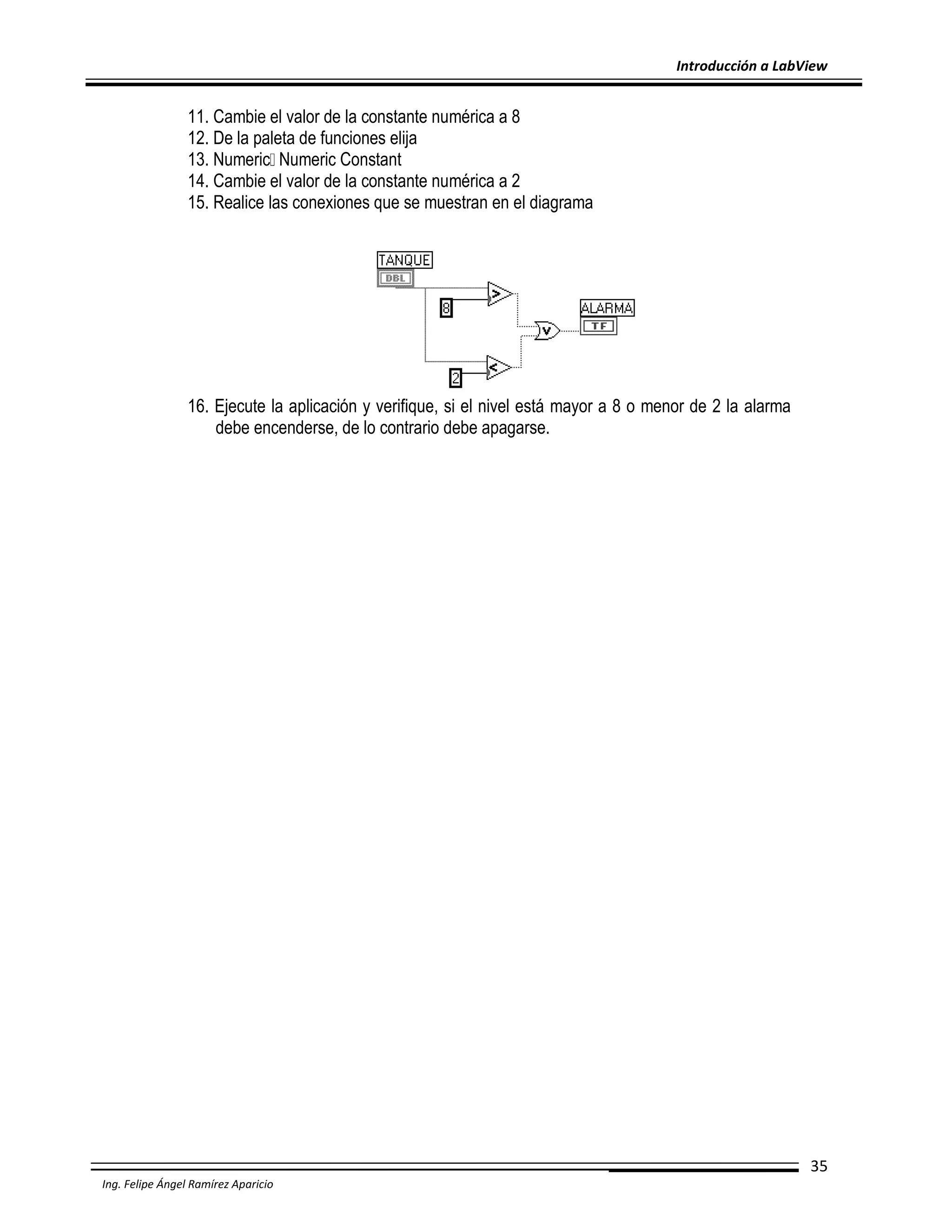 Introducción a LabView

11. Cambie el valor de la constante numérica a 8
12. De la paleta de funciones elija
13. Numeric Numeric Constant
14. Cambie el valor de la constante numérica a 2
15. Realice las conexiones que se muestran en el diagrama

16. Ejecute la aplicación y verifique, si el nivel está mayor a 8 o menor de 2 la alarma
debe encenderse, de lo contrario debe apagarse.

35
Ing. Felipe Ángel Ramírez Aparicio

 