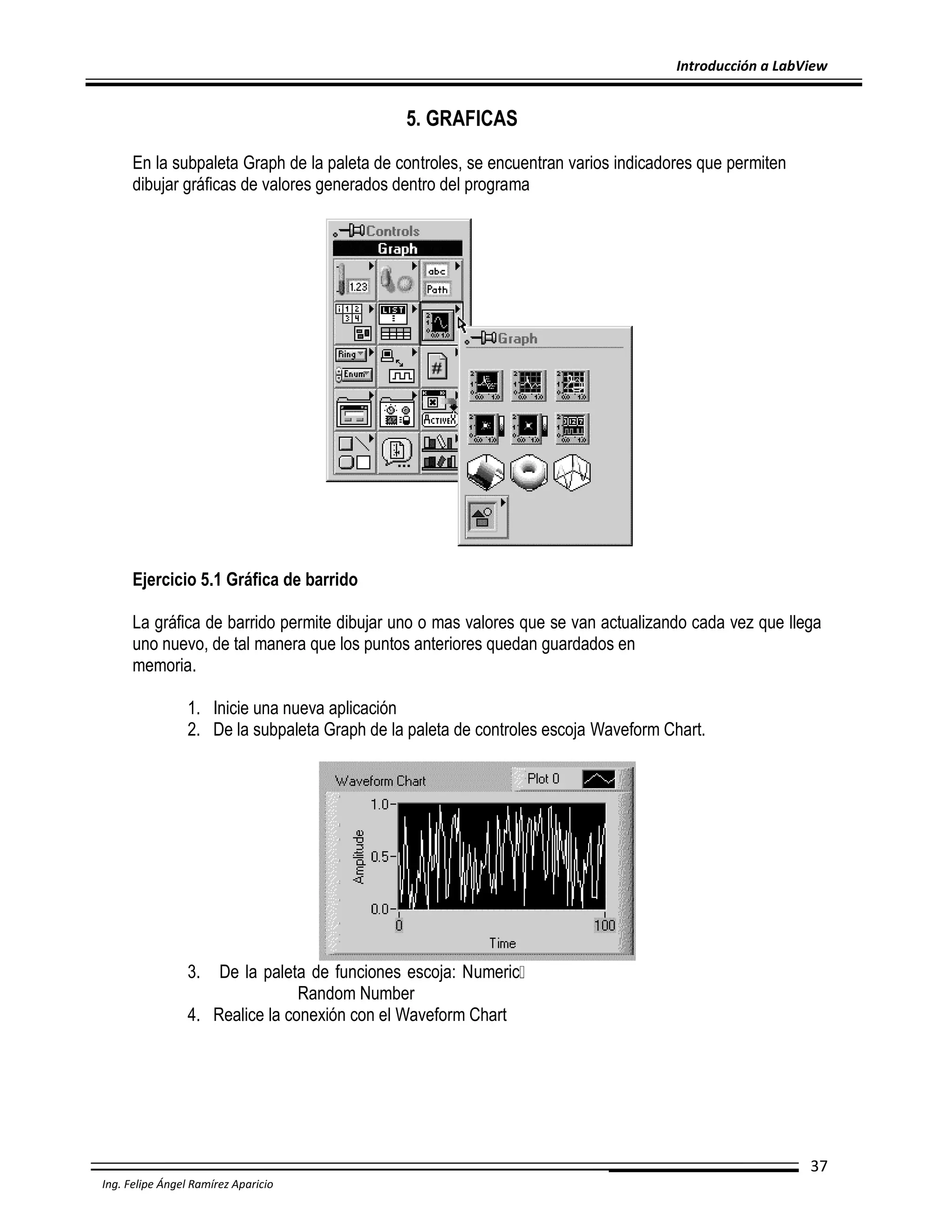 Introducción a LabView

5. GRAFICAS
En la subpaleta Graph de la paleta de controles, se encuentran varios indicadores que permiten
dibujar gráficas de valores generados dentro del programa

Ejercicio 5.1 Gráfica de barrido
La gráfica de barrido permite dibujar uno o mas valores que se van actualizando cada vez que llega
uno nuevo, de tal manera que los puntos anteriores quedan guardados en
memoria.
1. Inicie una nueva aplicación
2. De la subpaleta Graph de la paleta de controles escoja Waveform Chart.

3.

De la paleta de funciones escoja: Numeric
Random Number
4. Realice la conexión con el Waveform Chart

37
Ing. Felipe Ángel Ramírez Aparicio

 