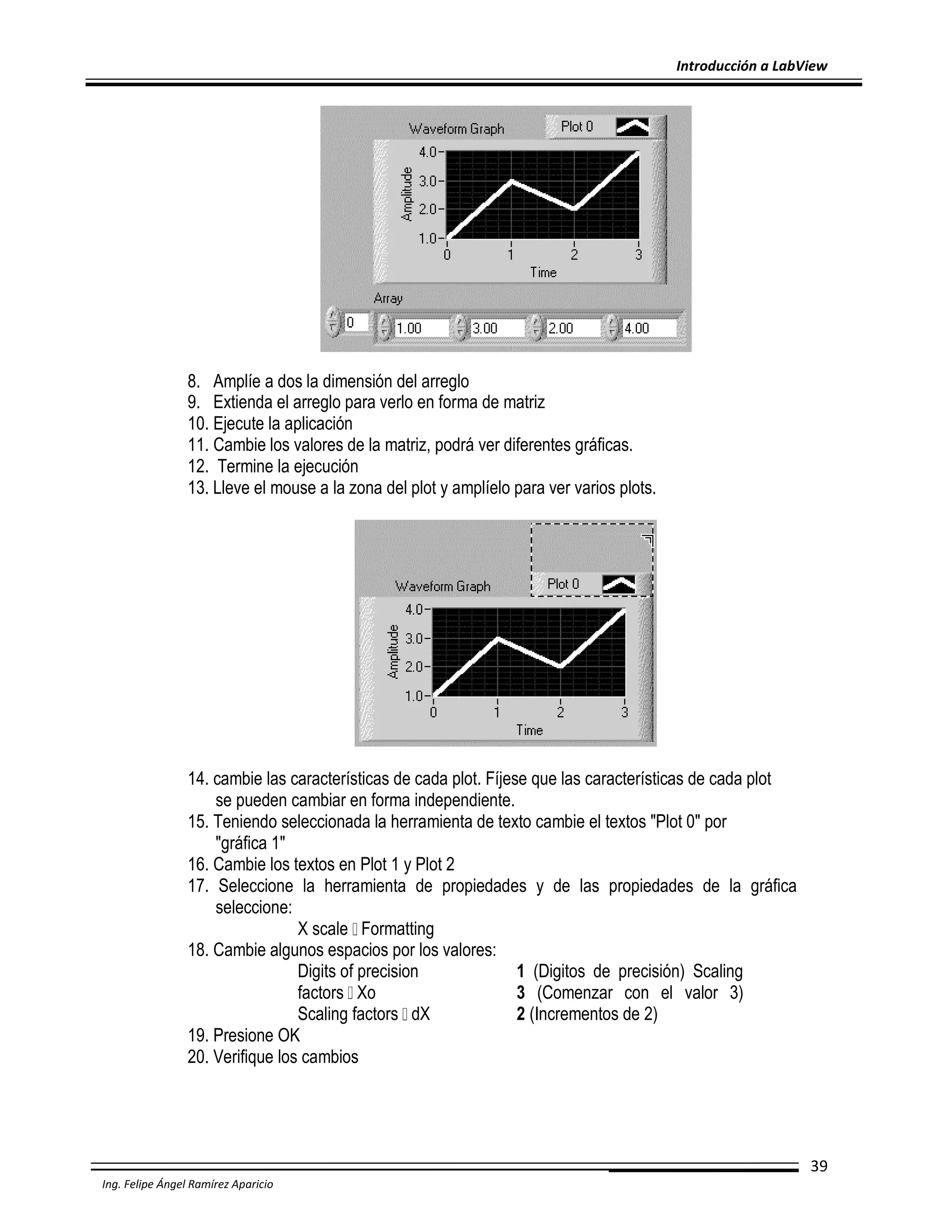 Introducción a LabView

8. Amplíe a dos la dimensión del arreglo
9. Extienda el arreglo para verlo en forma de matriz
10. Ejecute la aplicación
11. Cambie los valores de la matriz, podrá ver diferentes gráficas.
12. Termine la ejecución
13. Lleve el mouse a la zona del plot y amplíelo para ver varios plots.

14. cambie las características de cada plot. Fíjese que las características de cada plot
se pueden cambiar en forma independiente.
15. Teniendo seleccionada la herramienta de texto cambie el textos "Plot 0" por
"gráfica 1"
16. Cambie los textos en Plot 1 y Plot 2
17. Seleccione la herramienta de propiedades y de las propiedades de la gráfica
seleccione:
X scale Formatting
18. Cambie algunos espacios por los valores:
Digits of precision
1 (Digitos de precisión) Scaling
factors Xo
3 (Comenzar con el valor 3)
Scaling factors dX
2 (Incrementos de 2)
19. Presione OK
20. Verifique los cambios

39
Ing. Felipe Ángel Ramírez Aparicio

 