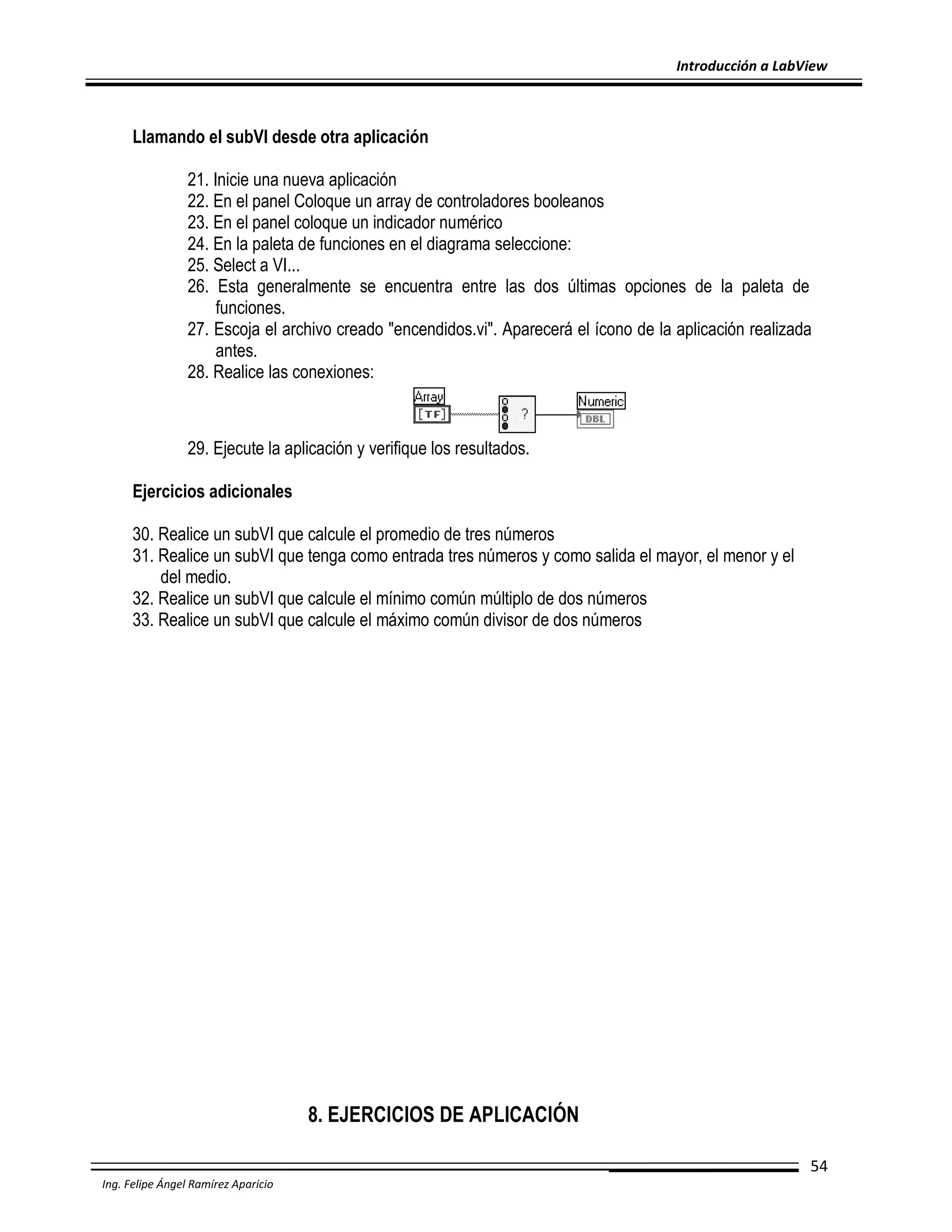 Introducción a LabView

Llamando el subVI desde otra aplicación
21. Inicie una nueva aplicación
22. En el panel Coloque un array de controladores booleanos
23. En el panel coloque un indicador numérico
24. En la paleta de funciones en el diagrama seleccione:
25. Select a VI...
26. Esta generalmente se encuentra entre las dos últimas opciones de la paleta de
funciones.
27. Escoja el archivo creado "encendidos.vi". Aparecerá el ícono de la aplicación realizada
antes.
28. Realice las conexiones:

29. Ejecute la aplicación y verifique los resultados.
Ejercicios adicionales
30. Realice un subVI que calcule el promedio de tres números
31. Realice un subVI que tenga como entrada tres números y como salida el mayor, el menor y el
del medio.
32. Realice un subVI que calcule el mínimo común múltiplo de dos números
33. Realice un subVI que calcule el máximo común divisor de dos números

8. EJERCICIOS DE APLICACIÓN
54
Ing. Felipe Ángel Ramírez Aparicio

 