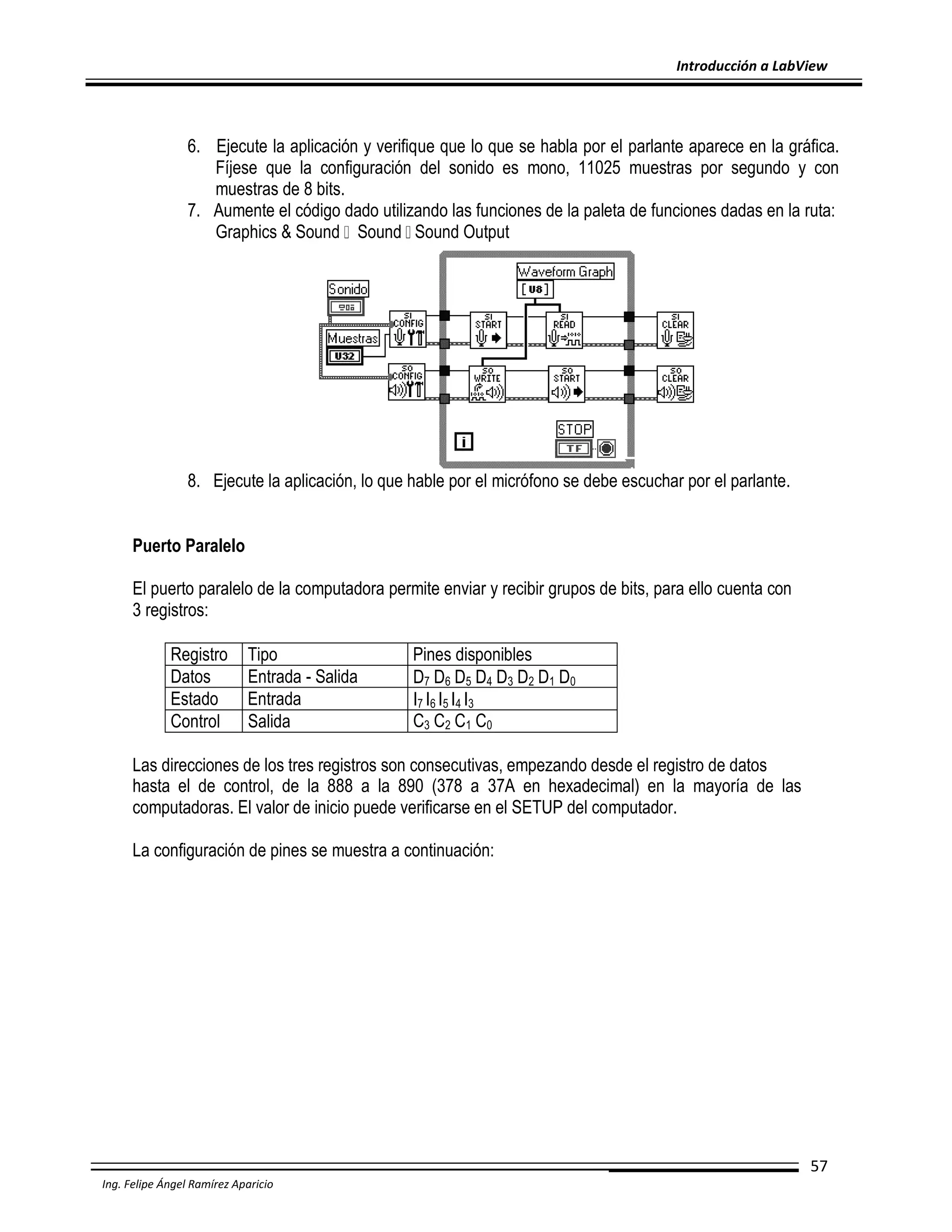 Introducción a LabView

6. Ejecute la aplicación y verifique que lo que se habla por el parlante aparece en la gráfica.
Fíjese que la configuración del sonido es mono, 11025 muestras por segundo y con
muestras de 8 bits.
7. Aumente el código dado utilizando las funciones de la paleta de funciones dadas en la ruta:
Graphics & Sound Sound Sound Output

8. Ejecute la aplicación, lo que hable por el micrófono se debe escuchar por el parlante.
Puerto Paralelo
El puerto paralelo de la computadora permite enviar y recibir grupos de bits, para ello cuenta con
3 registros:
Registro
Datos
Estado
Control

Tipo
Entrada - Salida
Entrada
Salida

Pines disponibles
D7 D6 D5 D4 D3 D2 D1 D0
I7 I 6 I 5 I 4 I 3
C3 C2 C1 C0

Las direcciones de los tres registros son consecutivas, empezando desde el registro de datos
hasta el de control, de la 888 a la 890 (378 a 37A en hexadecimal) en la mayoría de las
computadoras. El valor de inicio puede verificarse en el SETUP del computador.
La configuración de pines se muestra a continuación:

57
Ing. Felipe Ángel Ramírez Aparicio

 