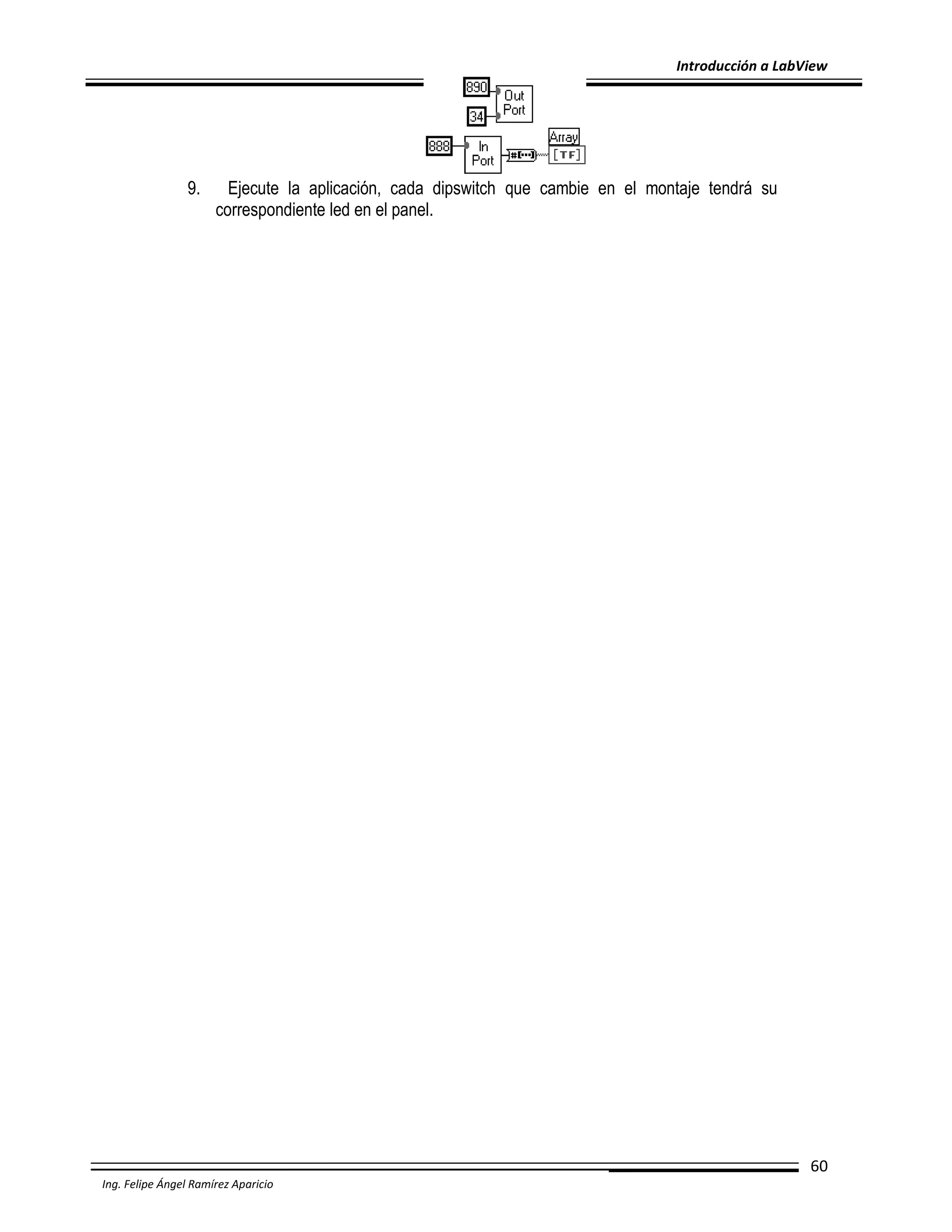 Introducción a LabView

9.

Ejecute la aplicación, cada dipswitch que cambie en el montaje tendrá su
correspondiente led en el panel.

60
Ing. Felipe Ángel Ramírez Aparicio

 