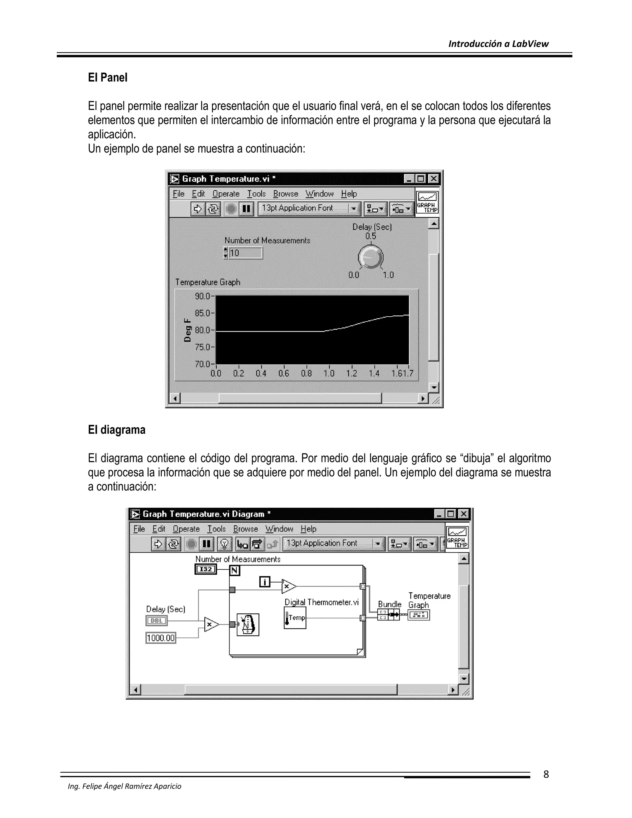 Introducción a LabView

El Panel
El panel permite realizar la presentación que el usuario final verá, en el se colocan todos los diferentes
elementos que permiten el intercambio de información entre el programa y la persona que ejecutará la
aplicación.
Un ejemplo de panel se muestra a continuación:

El diagrama
El diagrama contiene el código del programa. Por medio del lenguaje gráfico se “dibuja” el algoritmo
que procesa la información que se adquiere por medio del panel. Un ejemplo del diagrama se muestra
a continuación:

8
Ing. Felipe Ángel Ramírez Aparicio

 