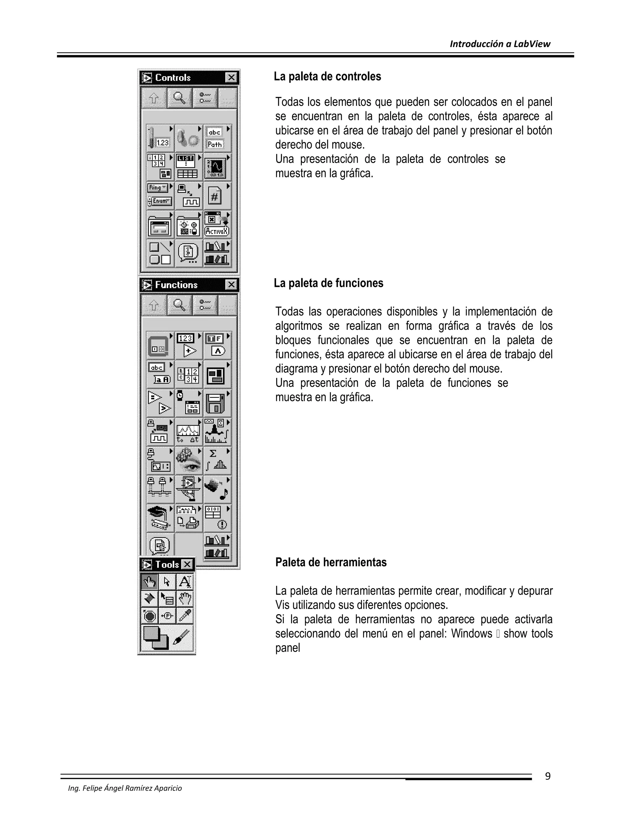 Introducción a LabView

La paleta de controles
Todas los elementos que pueden ser colocados en el panel
se encuentran en la paleta de controles, ésta aparece al
ubicarse en el área de trabajo del panel y presionar el botón
derecho del mouse.
Una presentación de la paleta de controles se
muestra en la gráfica.

La paleta de funciones
Todas las operaciones disponibles y la implementación de
algoritmos se realizan en forma gráfica a través de los
bloques funcionales que se encuentran en la paleta de
funciones, ésta aparece al ubicarse en el área de trabajo del
diagrama y presionar el botón derecho del mouse.
Una presentación de la paleta de funciones se
muestra en la gráfica.

Paleta de herramientas
La paleta de herramientas permite crear, modificar y depurar
Vis utilizando sus diferentes opciones.
Si la paleta de herramientas no aparece puede activarla
seleccionando del menú en el panel: Windows show tools
panel

9
Ing. Felipe Ángel Ramírez Aparicio

 