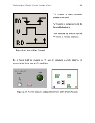 Facultad de Ingeniería Eléctrica Universidad Tecnológica de Pereira                                     109




                                                                      “m” muestra el comportamiento
                                                                      del botón del ratón.


                                                                      “v” muestra el comportamiento de
                                                                      la variable booleana.


                                                                      “RD” muestra las lecturas que el
                                                                      VI hace a la variable booleana.




     Figura 2.62. Latch When Pressed.




En la figura 2.63 se muestra un VI que al ejecutarse permite observar el
comportamiento de esta acción mecánica.




       Figura 2.63. Control booleano trabajando como un Latch When Pressed.
 