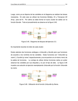 Curso Básico de LabVIEW 6i                                                       144




Luego, como ya se dispone de las variables en el diagrama se realizan las tareas
necesarias. En este caso se utilizan las funciones Multiply, Or y Transpose 2D
Array para tal fin. Por último se debe formar el nuevo cluster de salida con la
función Bundle. Todo el procedimiento se observa en la figura 3.45.




                  Figura 3.45. Diagrama de bloques del ejercicio 3.3.


Es importante recordar el orden de cada cluster.


Existe además dos funciones análogas a Unbundle y Bundle pero que funcionan
de acuerdo a los nombres de las variables. Estas funciones son “Unbundle by
name” y “bundle by name” respectivamente y se encuentran en el mismo menú de
la paleta de funciones.      La ventaja de utilizar dichas funciones radica en poder
observar las variables por sus etiquetas y no por el tipo de dato. La figura 3.46
muestra una solución al ejercicio reemplazando Unbundle por la función Unbundle
by name.




               Figura 3.46. Utilización de la función Unbundle by Name.
 