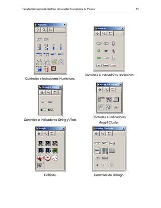 Facultad de Ingeniería Eléctrica, Universidad Tecnológica de Pereira                          13




                                                          Controles e Indicadores Booleanos
  Controles e Indicadores Numéricos.




                                                                 Controles e Indicadores
 Controles e Indicadores String y Path.
                                                                       Array&Cluster.




                    Gráficas.                                      Controles de Diálogo.
 