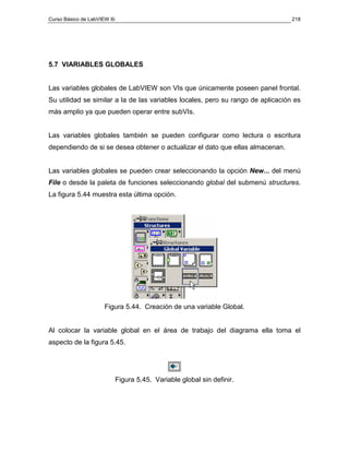 Curso Básico de LabVIEW 6i                                                       218




5.7 VIARIABLES GLOBALES


Las variables globales de LabVIEW son VIs que únicamente poseen panel frontal.
Su utilidad se similar a la de las variables locales, pero su rango de aplicación es
más amplio ya que pueden operar entre subVIs.


Las variables globales también se pueden configurar como lectura o escritura
dependiendo de si se desea obtener o actualizar el dato que ellas almacenan.


Las variables globales se pueden crear seleccionando la opción New... del menú
File o desde la paleta de funciones seleccionando global del submenú structures.
La figura 5.44 muestra esta última opción.




                     Figura 5.44. Creación de una variable Global.


Al colocar la variable global en el área de trabajo del diagrama ella toma el
aspecto de la figura 5.45.




                             Figura 5.45. Variable global sin definir.
 