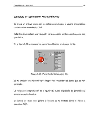 Curso Básico de LabVIEW 6i                                                     256




EJERCICIO 6.6 ESCRIBIR UN ARCHIVO BINARIO


Se creará un archivo binario con los datos generados por el usuario al interactuar
con un control numérico tipo dial.


Nota: Se debe realizar una validación para que datos similares contiguos no sea
guardados.


En la figura 6.52 se muestra los elementos utilizados en el panel frontal.




                       Figura 6.52. Panel frontal del ejercicio 6.6.


Se ha utilizado un indicador tipo arreglo para visualizar los datos que se han
generado.


La ventana de diagramación de la figura 6.53 ilustra el proceso de generación y
almacenamiento de datos.


El número de datos que genera el usuario se ha limitado como lo indica la
estructura FOR.
 