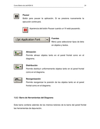 Curso Básico de LabVIEW 6i                                                            24




           Pausar
           Botón para pausar la aplicación. Si se presiona nuevamente la
           ejecución continuará.


                     Apariencia del botón Pausar cuando un VI está pausando.




                                               Fuentes
                                               Menú para seleccionar tipos de letra
                                               en objetos y textos.


                Alineación
                Permite alinear objetos tanto en el panel frontal como en el
                diagrama.


                Distribución
                Permite distribuir uniformemente objetos tanto en el panel frontal
                como en el diagrama.


                Reorganización
                Permite reorganizar la posición de los objetos tanto en el panel
                frontal como en el diagrama.




1.8.3 Barra de Herramientas del Diagrama


Esta barra contiene además de los mismos botones de la barra del panel frontal
las herramientas de depuración.
 