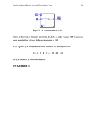 Facultad de Ingeniería Eléctrica Universidad Tecnológica de Pereira           75




                                  Figura 2.15. Sumatoria de 1 a 100.


Como el terminal de iteración comienza desde 0, se debe realizar 101 iteraciones
para que el último número de la sumatoria sea el 100.


Esto significa que en realidad la suma realizada por este ejercicio es:


                                  S = 0 + 1 + 2 + 3 +...+ 98 +99 +100


Lo que no afecta el resultado deseado.


FIN EJERCICIO 2.4
 