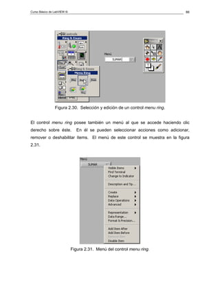 Curso Básico de LabVIEW 6i                                                       86




                 Figura 2.30. Selección y edición de un control menu ring.


El control menu ring posee también un menú al que se accede haciendo clic
derecho sobre éste.            En él se pueden seleccionar acciones como adicionar,
remover o deshabilitar ítems. El menú de este control se muestra en la figura
2.31.




                             Figura 2.31. Menú del control menu ring.
 