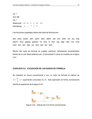 Facultad de Ingeniería Eléctrica Universidad Tecnológica de Pereira                                    93




xor ^
and &&
not !
Relacional        == !=        > <         >=     <=
Aritméticas         +      -    *     /    **


Las funciones aceptadas dentro del nodo de fórmula son:


abs     acos      acosh        asin       asinh    atan     atanh     ceil   cos   cosh   cot   csc   exp
expm1 floor getexp getman int intrz ln lnp1 log log2 max min mod
rand rem sec sign sin sinh sqrt tan tanh


Dentro del nodo de fórmula se pueden adicionar comentarios encerrándolos
dentro de un par slash-asterisco así: (/*comentario*/) como se muestra en la figura
2.41.




EJERCICIO 2.8 UTILIZACIÓN DE LOS NODOS DE FÓRMULA


Se realizará en forma convencional y con un nodo de fórmula el cálculo de
      X2
Z=       + Y suponiendo conocidos X y Y. Esta operación en forma convencional
      Y
tendría la apariencia de la figura 2.43.




                        Figura 2.43. Cálculo de Z en forma convencional.
 