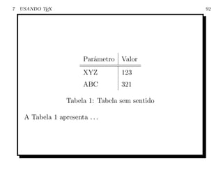 7   USANDO TEX                                    92




                         Parˆmetro Valor
                            a
                         XYZ        123
                         ABC        321

                   Tabela 1: Tabela sem sentido

     A Tabela 1 apresenta . . .
 