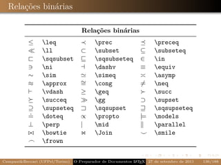 Relações binárias

                                    Relações binárias
           ≤     leq                     prec                      preceq
                 ll                ⊂     subset              ⊆     subseteq
                 sqsubset                sqsubseteq          ∈     in
                 ni                      dashv               ≡     equiv
           ∼     sim                     simeq                     asymp
           ≈     approx            ∼
                                    =     cong                =     neq
                 vdash             ≥     geq                       succ
                 succeq                  gg                  ⊃     supset
           ⊇     supseteq                sqsupset                  sqsupseteq
           .
           =     doteq             ∝     propto              |=    models
           ⊥     perp              |     mid                       parallel
                 bowtie                  Join                      smile
                 frown

Campani&Beccari (UFPel/Torino)                              A E
                                 O Preparador de Documentos L T X 27 de setembro de 2011   136/188
 