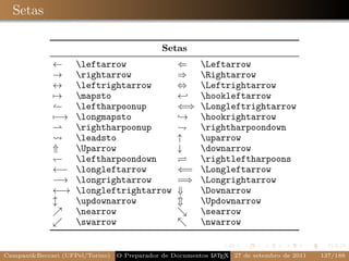 Setas

                                              Setas
             ←      leftarrow                    ⇐  Leftarrow
             →      rightarrow                   ⇒  Rightarrow
             ↔      leftrightarrow               ⇔  Leftrightarrow
             →      mapsto                       ←  hookleftarrow
                    leftharpoonup                ⇐⇒ Longleftrightarrow
             −→     longmapsto                   →  hookrightarrow
                    rightharpoonup                  rightharpoondown
                    leadsto                      ↑  uparrow
             ⇑      Uparrow                      ↓  downarrow
                    leftharpoondown                 rightleftharpoons
             ←−     longleftarrow                ⇐= Longleftarrow
             −→     longrightarrow               =⇒ Longrightarrow
             ←→     longleftrightarrow           ⇓  Downarrow
                    updownarrow                     Updownarrow
                    nearrow                         searrow
                    swarrow                         nwarrow


Campani&Beccari (UFPel/Torino)                              A E
                                 O Preparador de Documentos L T X 27 de setembro de 2011   137/188
 