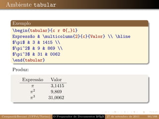 Ambiente tabular

      Exemplo
      begin{tabular}{c r @{,}l}
      Expressão & multicolumn{2}{c}{Valor}  hline
      $pi$ & 3 & 1415 
      $pi^2$ & 9 & 869 
      $pi^3$ & 31 & 0062
      end{tabular}

      Produz:

            Expressão        Valor
               π             3,1415
               π2            9,869
               π3           31,0062


Campani&Beccari (UFPel/Torino)                              A E
                                 O Preparador de Documentos L T X 27 de setembro de 2011   90/188
 
