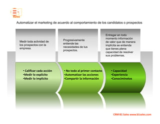 Automatizar el marketing de acuerdo al comportamiento de los candidatos o prospectos


                                                              Entregar en todo
                                                              momento información
                               Progresivamente
  Medir toda actividad de                                     de valor que de manera
                               entiende las
  los prospectos con la                                       implícita se entienda
  empresa.                     necesidades de tus
                                                              que tienes plena
                               prospectos.
                                                              capacidad de resolver
                                                              sus problemas.




    • Calificar cada acción    • No todo al primer contacto      • Capacidad
    •Medir lo explícito        •Automatizar las acciones         •Experiencia
    •Medir lo implícito        •Compartir la información         •Conociminetos




                                                                   CRM B1 Sales www.b1sales.com
 