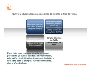 Cultivar y educar a los prospectos antes de llevarlos al área de ventas


                                            Usar la web, correo
                     No enviar a ventas    electrónico, teléfono,
                     sino hasta que este         medios de
                                            comunicación social
                      listo para comprar
                                             y otros canales en
                                           línea y fuera de línea


                        Muchos de los       Ser una empresa
                      prospectos están         confiable,
                     todavía en la etapa    respetuosa y de
                       de investigación           valor



Estar listo para comprar se refiere a que el
prospecto ya cuenta con toda la información,
educación, posibilidad de tomar una decisión y
esté listo para la compra. Puede llevar horas,
días o años incluso.
                                                                    CRM B1 Sales www.b1sales.com
 