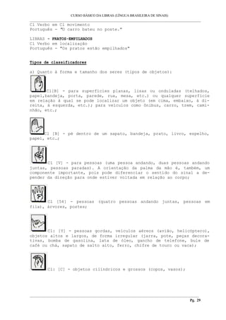 CURSO BÁSICO DA LIBRAS (LÍNGUA BRASILEIRA DE SINAIS) 
___________________________________________________________________________________________ 
Cl Verbo em Cl movimento 
Português - "O carro bateu no poste." 
LIBRAS - PRATOS-EMPILHADOS 
Cl Verbo em localização 
Português - "Os pratos estão empilhados" 
Tipos de classificadores 
a) Quanto à forma e tamanho dos seres (tipos de objetos): 
Cl[B] - para superfícies planas, lisas ou onduladas (telhados, 
papel,bandeja, porta, parede, rua, mesa, etc.) ou qualquer superfície 
em relação à qual se pode localizar um objeto (em cima, embaixo, à di-reita, 
à esquerda, etc.); para veículos como ônibus, carro, trem, cami-nhão, 
etc.; 
Cl [B] - pé dentro de um sapato, bandeja, prato, livro, espelho, 
papel, etc.; 
Cl [V] - para pessoas (uma pessoa andando, duas pessoas andando 
juntas, pessoas paradas). A orientação da palma da mão é, também, um 
componente importante, pois pode diferenciar o sentido do sinal a de-pender 
da direção para onde estiver voltada em relação ao corpo; 
Cl [54] - pessoas (quatro pessoas andando juntas, pessoas em 
fila), árvores, postes; 
Cl: [Y] - pessoas gordas, veículos aéreos (avião, helicóptero), 
objetos altos e largos, de forma irregular (jarra, pote, peças decora-tivas, 
bomba de gasolina, lata de óleo, gancho de telefone, bule de 
café ou chá, sapato de salto alto, ferro, chifre de touro ou vaca); 
Cl: [C] - objetos cilíndricos e grossos (copos, vasos); 
__________________________________________________________________________________________ 
Pg. 29 
 