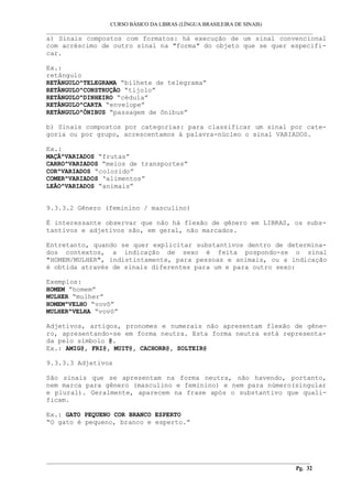 CURSO BÁSICO DA LIBRAS (LÍNGUA BRASILEIRA DE SINAIS) 
___________________________________________________________________________________________ 
a) Sinais compostos com formatos: há execução de um sinal convencional 
com acréscimo de outro sinal na "forma" do objeto que se quer especifi-car. 
Ex.: 
retângulo 
RETÂNGULO^TELEGRAMA “bilhete de telegrama” 
RETÂNGULO^CONSTRUÇÃO “tijolo” 
RETÂNGULO^DINHEIRO “cédula” 
RETÂNGULO^CARTA “envelope” 
RETÂNGULO^ÔNIBUS “passagem de ônibus” 
b) Sinais compostos por categorias: para classificar um sinal por cate-goria 
ou por grupo, acrescentamos à palavra-núcleo o sinal VARIADOS. 
Ex.: 
MAÇÃ^VARIADOS “frutas” 
CARRO^VARIADOS “meios de transportes” 
COR^VARIADOS “colorido” 
COMER^VARIADOS ‘alimentos” 
LEÃO^VARIADOS “animais” 
9.3.3.2 Gênero (feminino / masculino) 
É interessante observar que não há flexão de gênero em LIBRAS, os subs-tantivos 
e adjetivos são, em geral, não marcados. 
Entretanto, quando se quer explicitar substantivos dentro de determina-dos 
contextos, a indicação de sexo é feita pospondo-se o sinal 
"HOMEM/MULHER", indistintamente, para pessoas e animais, ou a indicação 
é obtida através de sinais diferentes para um e para outro sexo: 
Exemplos: 
HOMEM “homem” 
MULHER “mulher” 
HOMEM^VELHO “vovô” 
MULHER^VELHA “vovó” 
Adjetivos, artigos, pronomes e numerais não apresentam flexão de gêne-ro, 
apresentando-se em forma neutra. Esta forma neutra está representa-da 
pelo símbolo @. 
Ex.: AMIG@, FRI@, MUIT@, CACHORR@, SOLTEIR@ 
9.3.3.3 Adjetivos 
São sinais que se apresentam na forma neutra, não havendo, portanto, 
nem marca para gênero (masculino e feminino) e nem para número(singular 
e plural). Geralmente, aparecem na frase após o substantivo que quali-ficam. 
Ex.: GATO PEQUENO COR BRANCO ESPERTO 
“O gato é pequeno, branco e esperto.” 
__________________________________________________________________________________________ 
Pg. 32 
 