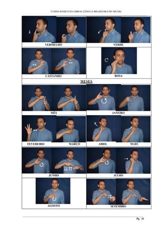 CURSO BÁSICO DA LIBRAS (LÍNGUA BRASILEIRA DE SINAIS) 
___________________________________________________________________________________________ 
VERMELHO VERDE 
CASTANHO ROSA 
MESES 
MÊS JANEIRO 
FEVEREIRO MARÇO ABRIL MAIO 
JUNHO JULHO 
AGOSTO SETEMBRO 
________________________________________________________________________________________ 
Pg. 41 
 