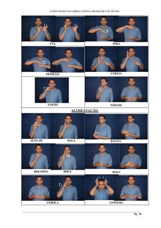 CURSO BÁSICO DA LIBRAS (LÍNGUA BRASILEIRA DE SINAIS) 
___________________________________________________________________________________________ 
UVA PERA 
PÊSSEGO CEREJA 
LIMÃO TOMATE 
ALIMENTAÇÃO 
AÇÚCAR BALA BATATA 
BISCOITO DOCE BOLO 
CEBOLA CENOURA 
________________________________________________________________________________________ 
Pg. 44 
 