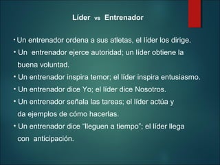 Líder
• Un

vs

Entrenador

entrenador ordena a sus atletas, el líder los dirige.

• Un entrenador ejerce autoridad; un líder obtiene la
buena voluntad.
• Un entrenador inspira temor; el líder inspira entusiasmo.
• Un entrenador dice Yo; el líder dice Nosotros.
• Un entrenador señala las tareas; el líder actúa y
da ejemplos de cómo hacerlas.
• Un entrenador dice “lleguen a tiempo”; el líder llega
con anticipación.

 