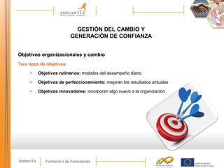 Formació n de FormadoresAdelantTa
GESTIÓN DEL CAMBIO Y
GENERACIÓN DE CONFIANZA
Objetivos organizacionales y cambio
Tres tipos de objetivos:
 Objetivos rutinarios: modelos del desempeño diario
 Objetivos de perfeccionamiento: mejoran los resultados actuales
 Objetivos innovadores: incorporan algo nuevo a la organización
 