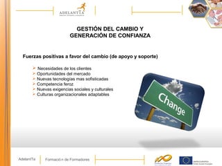 Formació n de FormadoresAdelantTa
GESTIÓN DEL CAMBIO Y
GENERACIÓN DE CONFIANZA
Fuerzas positivas a favor del cambio (de apoyo y soporte)
 Necesidades de los clientes
 Oportunidades del mercado
 Nuevas tecnologías mas sofisticadas
 Competencia feroz
 Nuevas exigencias sociales y culturales
 Culturas organizacionales adaptables
 