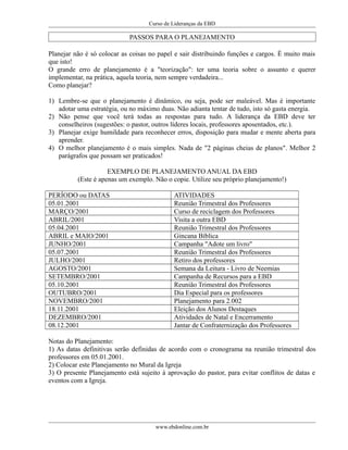 Curso de Lideranças da EBD
PASSOS PARA O PLANEJAMENTO
Planejar não é só colocar as coisas no papel e sair distribuindo funções e cargos. É muito mais
que isto!
O grande erro de planejamento é a "teorização": ter uma teoria sobre o assunto e querer
implementar, na prática, aquela teoria, nem sempre verdadeira...
Como planejar?
1) Lembre-se que o planejamento é dinâmico, ou seja, pode ser maleável. Mas é importante
adotar uma estratégia, ou no máximo duas. Não adianta tentar de tudo, isto só gasta energia.
2) Não pense que você terá todas as respostas para tudo. A liderança da EBD deve ter
conselheiros (sugestões: o pastor, outros líderes locais, professores aposentados, etc.).
3) Planejar exige humildade para reconhecer erros, disposição para mudar e mente aberta para
aprender.
4) O melhor planejamento é o mais simples. Nada de "2 páginas cheias de planos". Melhor 2
parágrafos que possam ser praticados!
EXEMPLO DE PLANEJAMENTO ANUAL DA EBD
(Este é apenas um exemplo. Não o copie. Utilize seu próprio planejamento!)
PERÍODO ou DATAS ATIVIDADES
05.01.2001 Reunião Trimestral dos Professores
MARÇO/2001 Curso de reciclagem dos Professores
ABRIL/2001 Visita a outra EBD
05.04.2001 Reunião Trimestral dos Professores
ABRIL e MAIO/2001 Gincana Bíblica
JUNHO/2001 Campanha "Adote um livro"
05.07.2001 Reunião Trimestral dos Professores
JULHO/2001 Retiro dos professores
AGOSTO/2001 Semana da Leitura - Livro de Neemias
SETEMBRO/2001 Campanha de Recursos para a EBD
05.10.2001 Reunião Trimestral dos Professores
OUTUBRO/2001 Dia Especial para os professores
NOVEMBRO/2001 Planejamento para 2.002
18.11.2001 Eleição dos Alunos Destaques
DEZEMBRO/2001 Atividades de Natal e Encerramento
08.12.2001 Jantar de Confraternização dos Professores
Notas do Planejamento:
1) As datas definitivas serão definidas de acordo com o cronograma na reunião trimestral dos
professores em 05.01.2001.
2) Colocar este Planejamento no Mural da Igreja
3) O presente Planejamento está sujeito á aprovação do pastor, para evitar conflitos de datas e
eventos com a Igreja.
www.ebdonline.com.br
 