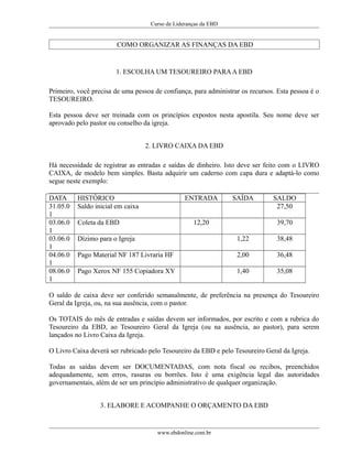 Curso de Lideranças da EBD
COMO ORGANIZAR AS FINANÇAS DA EBD
1. ESCOLHA UM TESOUREIRO PARAA EBD
Primeiro, você precisa de uma pessoa de confiança, para administrar os recursos. Esta pessoa é o
TESOUREIRO.
Esta pessoa deve ser treinada com os princípios expostos nesta apostila. Seu nome deve ser
aprovado pelo pastor ou conselho da igreja.
2. LIVRO CAIXA DA EBD
Há necessidade de registrar as entradas e saídas de dinheiro. Isto deve ser feito com o LIVRO
CAIXA, de modelo bem simples. Basta adquirir um caderno com capa dura e adaptá-lo como
segue neste exemplo:
DATA HISTÓRICO ENTRADA SAÍDA SALDO
31.05.0
1
Saldo inicial em caixa 27,50
03.06.0
1
Coleta da EBD 12,20 39,70
03.06.0
1
Dízimo para o Igreja 1,22 38,48
04.06.0
1
Pago Material NF 187 Livraria HF 2,00 36,48
08.06.0
1
Pago Xerox NF 155 Copiadora XY 1,40 35,08
O saldo de caixa deve ser conferido semanalmente, de preferência na presença do Tesoureiro
Geral da Igreja, ou, na sua ausência, com o pastor.
Os TOTAIS do mês de entradas e saídas devem ser informados, por escrito e com a rubrica do
Tesoureiro da EBD, ao Tesoureiro Geral da Igreja (ou na ausência, ao pastor), para serem
lançados no Livro Caixa da Igreja.
O Livro Caixa deverá ser rubricado pelo Tesoureiro da EBD e pelo Tesoureiro Geral da Igreja.
Todas as saídas devem ser DOCUMENTADAS, com nota fiscal ou recibos, preenchidos
adequadamente, sem erros, rasuras ou borrões. Isto é uma exigência legal das autoridades
governamentais, além de ser um princípio administrativo de qualquer organização.
3. ELABORE E ACOMPANHE O ORÇAMENTO DA EBD
www.ebdonline.com.br
 