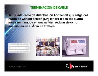 TERMINACIÓN DE CABLETERMINACIÓN DE CABLE
---- Cada cable de distribución horizontal que salga del
Punto de Consolidación (CP) tendrá todos los cuatro
pares terminados en una salida modular de ocho
posiciones en el Área de Trabajo.
SIEMONCOMPANY
WATERTOWNCTUSA
SIEMON COMPANY
WATERTOWN CT USA
11
12
10
9
 