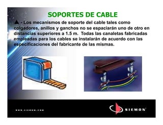 SOPORTES DE CABLE
- Los mecanismos de soporte del cable tales como
colgadores, anillos y ganchos no se espaciarán uno de otro en
distancias superiores a 1.5 m. Todas las canaletas fabricadas
empleadas para los cables se instalarán de acuerdo con las
especificaciones del fabricante de las mismas.
 