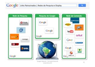 Links	
  Patrocinados	
  |	
  Redes	
  de	
  Pesquisa	
  e	
  Display	
  




                             Google	
  Adwords	
  -­‐	
  Fernando	
  Kanarski	
  
                                                                                    22	
  
                                         (novembro/12)	
  
 