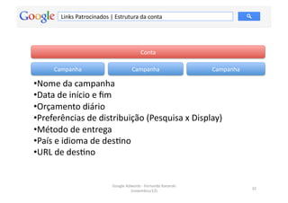 Links	
  Patrocinados	
  |	
  Estrutura	
  da	
  conta	
  




                                                             Conta	
  

       Campanha	
                                     Campanha	
                              Campanha	
  

• Nome	
  da	
  campanha	
  
• Data	
  de	
  início	
  e	
  ﬁm	
  
• Orçamento	
  diário	
  
• Preferências	
  de	
  distribuição	
  (Pesquisa	
  x	
  Display)	
  	
  
• Método	
  de	
  entrega	
  	
  
• País	
  e	
  idioma	
  de	
  desMno	
  	
  
• URL	
  de	
  desMno	
  


                                       Google	
  Adwords	
  -­‐	
  Fernando	
  Kanarski	
  
                                                                                                             32	
  
                                                   (novembro/12)	
  
 